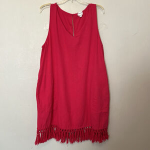 FORCYNTHIA Lagonlook‎ Boho Linen Blend Pink Sleeveless V-neck Fringe Hem Dress L